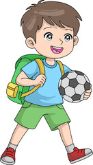 happy cartoon boy walking with a backpack and a soccer ball, ready for school or playing sports. He is smiling brightly. Vector illustration