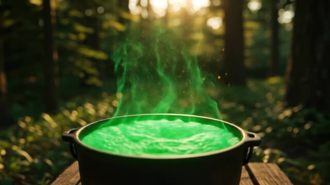 Green potion bubbling in cast iron cauldron with rising vapor in forest sunlight