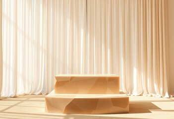 Beige acrylic podium, geometric, sheer curtain, sunlight, cream wall, luxury display, cosmetic, backdrop