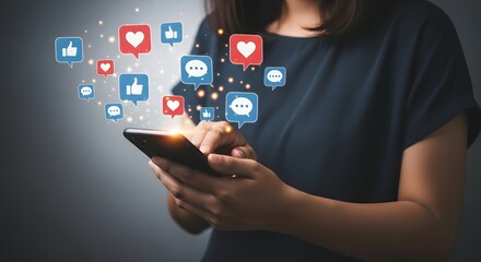 Woman using smartphone with social media icons floating above the screen in a dark setting