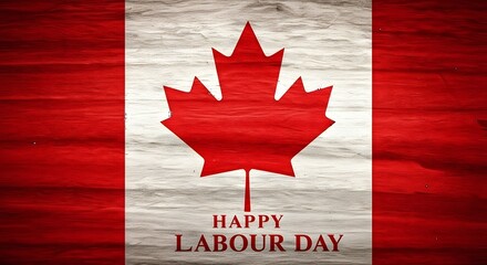 Happy labour day greeting on a textured canadian flag background with a red maple leaf and the words happy labour day