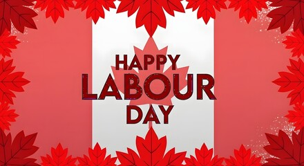 Happy labour day greeting with a canadian flag motif and red maple leaves border, celebrating workers and the spirit of canada