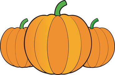 Three Orange Pumpkins with Green Stems on a White Background