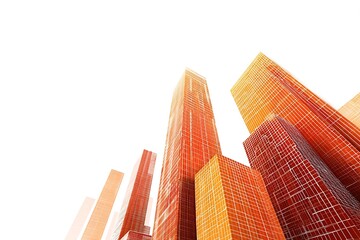 Naklejka premium Dynamic modern skyscrapers with warm orange glow rise against a bright sky, symbolizing urban growth and innovation.