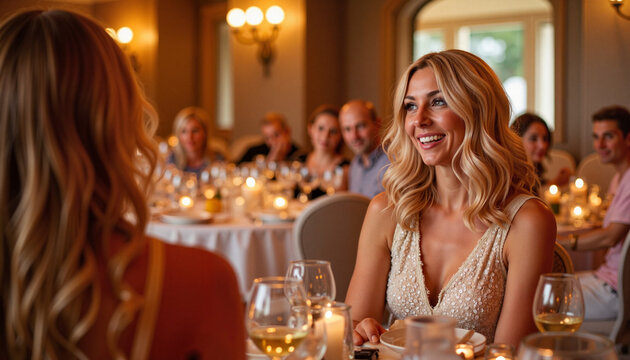 Elegant dinner party showcases guests seated at formal dining table. Dinner party guests share conversation and candlelight during celebratory gathering, which includes delicious food and wine.