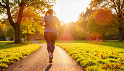 Woman jogging in park, focused on her health and wellness during outdoor fitness activity. Healthy lifestyle means dedication, and this runner maintains healthy routine.