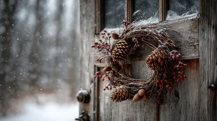 Naklejka premium charming small christmas wreath hangs gracefully on old rustic door
