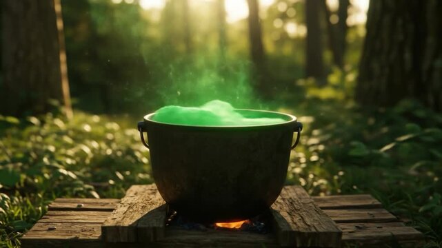 Potent potion bubbling in cauldron in verdant forest setting mystery and fantasy concept