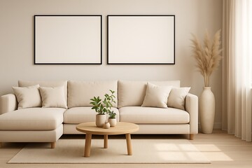 Scandinavian living room interior with beige sectional sofa, wooden round coffee table, green potted plant, pampas grass vase and two empty horizontal frames on wall, cozy mockup background design

