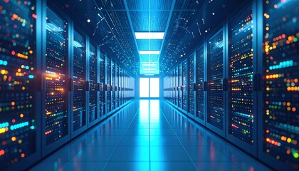 A brightly lit server room interior showcases rows of technologically advanced server cabinets, illuminated with vibrant colors.
