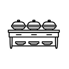 Illustration of a buffet table with three covered dishes in a line on top of the surface area