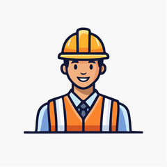 Smiling construction worker wearing hard hat and safety vest stands confidently on the job site, radiating professionalism and competence.