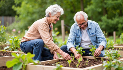 Active senior couple gardening together in raised beds on sunny day. Senior couple gardening involves planting seedlings, tending plants, and enjoying nature.