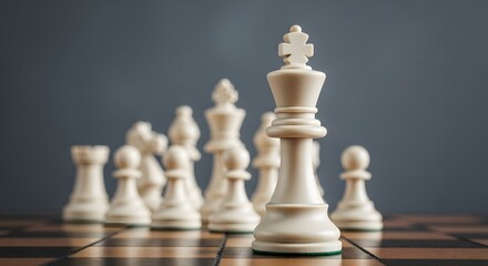 A close up shot of white chess pieces arranged on a chessboard against a gray background stage set