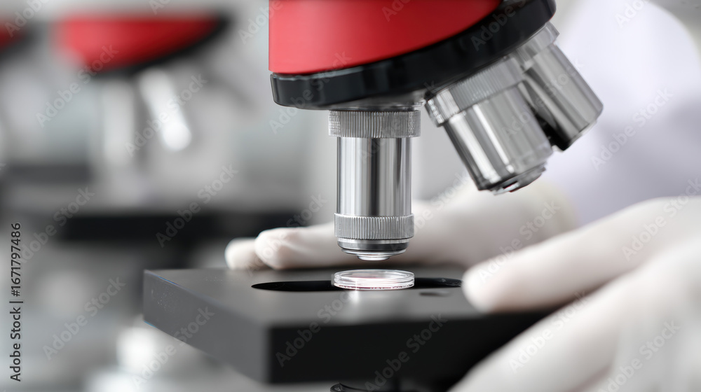 Poster materials engineer conducts detailed examination of nanomaterials using microscope in laboratory set
