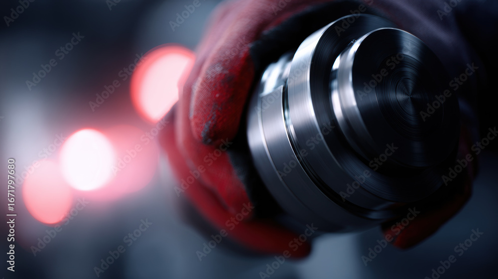 Poster close up of hand wearing red glove holding metallic component, showcasing intricate details and blur