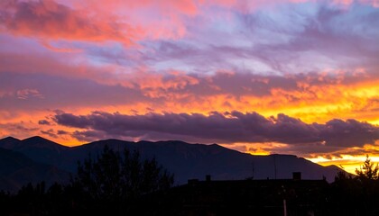 Vibrant sunset hues paint the sky above a silhouetted mountain range and rooftops