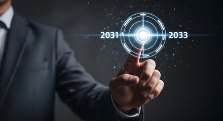 A man in suit touching a digital target with the years 2031 and 2033 on a dark background