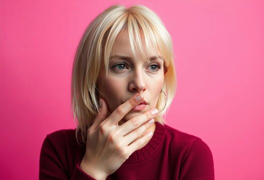 Blonde haired subject whispering near pink backdrop, confidential, underhanded