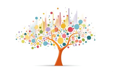 Vibrant abstract tree bursts with colorful circles and data bars symbolizing growth, innovation, and creativity in a modern design