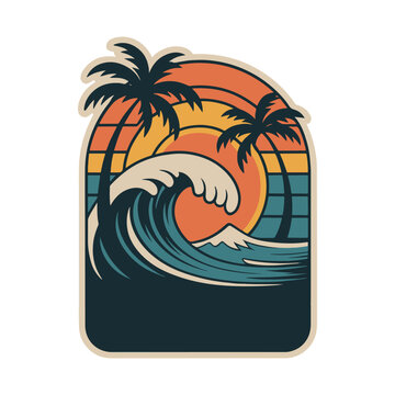 Retro sunset surfing badge with a big ocean wave and palm trees. A vintage summer vacation sticker for a tropical beach paradise vector illustration.