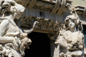 Facade of Casa Campanini, historic house along via Vincenzo Bellini in Milan, Italy