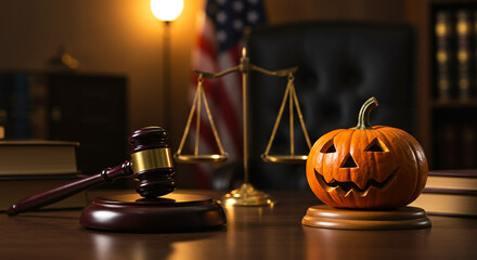 Halloween pumpkin with gavel and scales in law office, festive legal industry decor