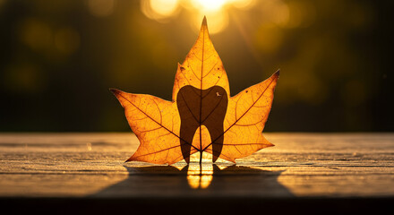 Autumn leaf with tooth silhouette against sunset, symbol of seasonal change and dental care
