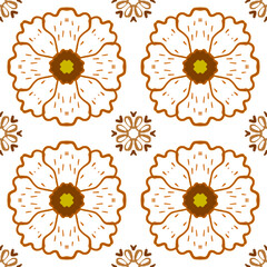 Elegant floral seamless pattern featuring white blossoms with golden brown outlines on a black background.