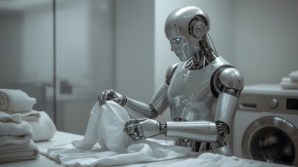 A highly detailed, sleek silver robot with glowing blue eyes is expertly folding clean, white laundry