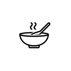 Illustration of a bowl with steam rising and a spoon inside, depicted in a simple line drawing style