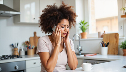 Stressed woman with a headache is talking on phone in her kitchen, needing rest. Stressed woman experiences anxiety, making phone call, and looks depressed.