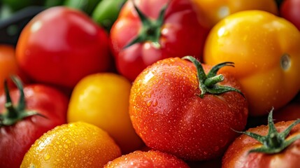 Fresh tomatoes in different colors displayed in rustic farming organic harvest grocery composition