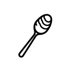 Illustration of a honey dipper with honey dripping in a simple black outline on a white background