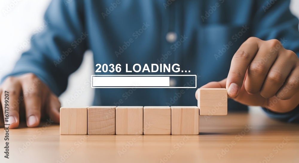 Poster a person placing a wooden block next to other blocks with a loading bar for the year 2036 above