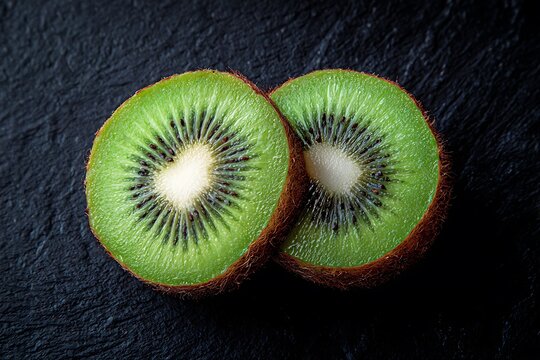 Pair of cut green exotic fruits on shadowy surface
