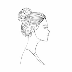 Elegant woman with hair in a bun looks to the side in a minimalist line drawing on a white canvas, conveying simplicity and modern beauty.
