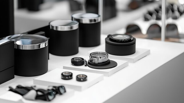 Camera lenses displayed on shelf in retail photography store professional styled composition