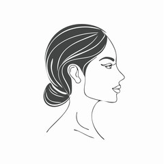 Elegant woman with updo hairstyle gazes serenely in profile against a clean white backdrop, radiating sophistication and timeless beauty.