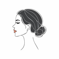 Elegant woman with dark hair in a bun gazes serenely, depicted in a minimalist line drawing against a white backdrop, exuding sophistication and simplicity.