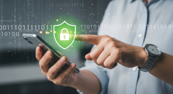 Fingers touching a smartphone screen displaying a digital padlock and binary code, representing online security