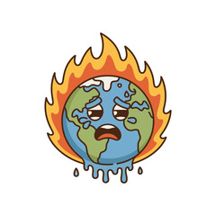 A sad and angry cartoon of the Earth melting and on fire. A powerful symbol of the global warming crisis and climate change emergency vector illustration.