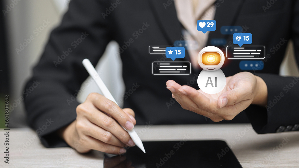 Poster ai chatbot assistant interacting on digital platform with social engagement metrics