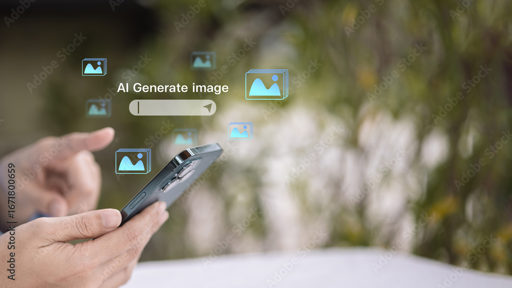 Poster ai image generation on smartphone with futuristic ui interface