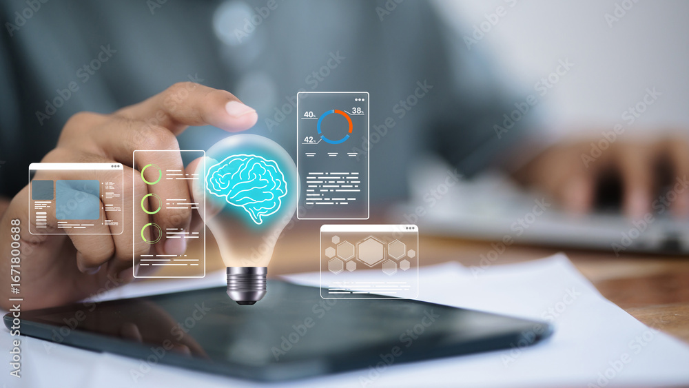 Aufkleber artificial intelligence innovation with brain lightbulb and digital data interface