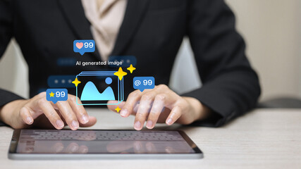 AI-generated image social feedback with likes, mentions and ratings on digital tablet