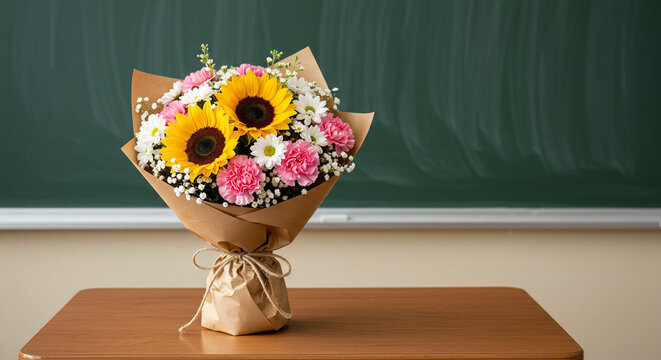 Hand-tied flower bouquet with sunflowers and daisies on classroom desk, teacher appreciation gift