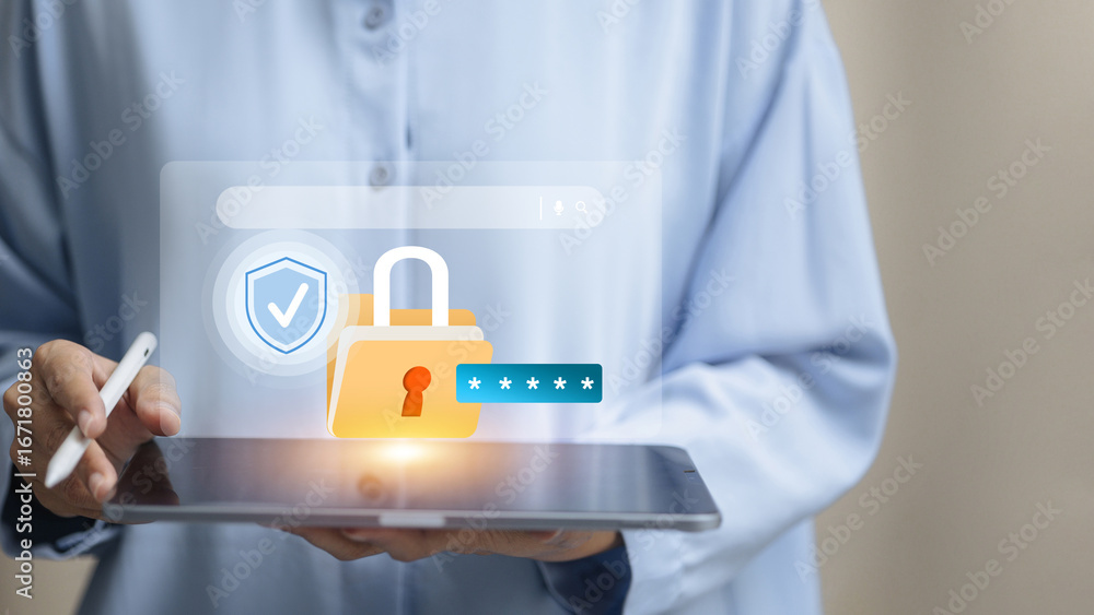 Poster cybersecurity login verification on tablet with password and data protection icons