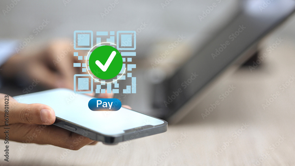 Poster qr code mobile payment success with green check mark