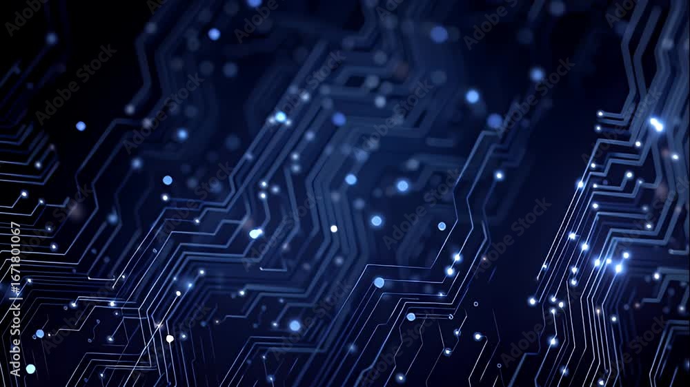 Poster innovative digital circuit board design with blue abstract pattern showcasing intricate lines and gl